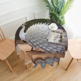 WZYWHJ White Peacock Printing Round Decorative Tablecloth 60 in can be Washed and reused for Round Table Dining Table Coffee Table