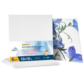 PHOENIX Watercolor Canvas Boards for Painting - 10x10 Inch/6 Pack, 100% Cotton Water Color Square Canvas Panels, 8 Oz. / 260g White Blank Medium Texture Flat Canvases for Water Based Paints
