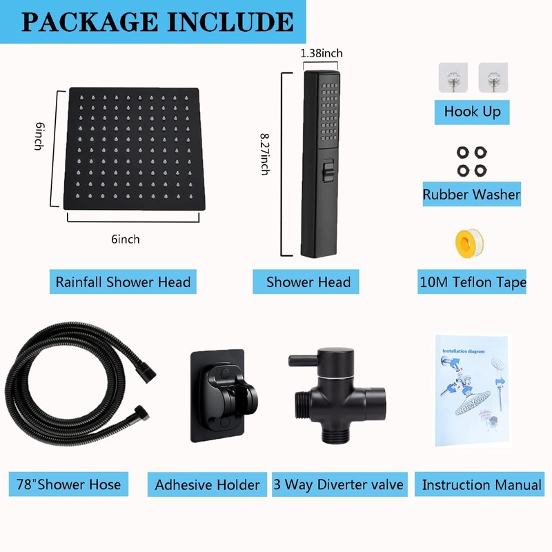 6'' Square High Pressure Rain Black Shower Heads with Handheld