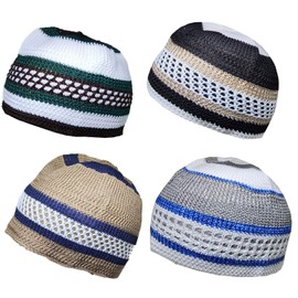 Set 4 Assorted Color Muslim Beanie Skull Skull Cap AMN-260 Islam Crochet Takke Kufi Hat Eid Ramadan Gift (Men Size)