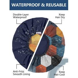 Years calm Men Shower Cap Reusable Waterproof, Dual-Layer Design, Double-Sided Use,Protects Hair in Shower, Spa,Travel & Cooking, Adjustable Elastic for Comfortable Fit (Colorful Geometric, One Size)