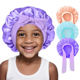 3Pcs Kids Silk Satin Bonnet for Sleeping - Baby Hair Sleep Bonnet,Kids Bonnets for Girls Toddler Child with Wide Elastic Tie Band,Night Cap Hats for Curly Natural Hair(Purple+Blue+Gold)