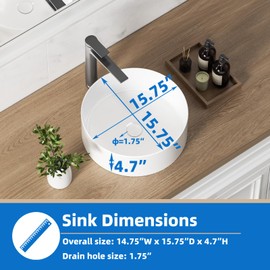15.75" Round White Ceramic Vessel Bathroom Sink - Premium Quality Above Counter Porcelain Bathroom Basin for Modern Vanity KINGWONG