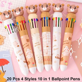 Multicolor Ballpoint Pen, 20 Pack 0.5mm 10-in-1 Colored Retractable Cute Cartoon Bear Ballpoint Pens for Office Back to School Supplies Students Children Gift