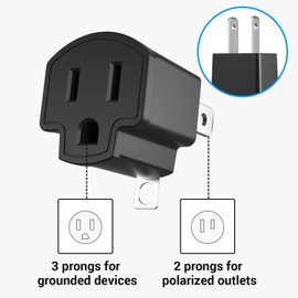 Hozzx 3 Prong to 2 Prong Adapter, 4 Pack Polarized Grounding Converter, Fireproof Material Wall Outlet Converter, Portable 3 to 2 Outlet Adapter Indoor Use, Black