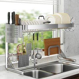 Shrivee Over The Sink Dish Drainer Drying Rack, 2 Tier Adjustable Width (20.87'' to 37.6'') 304 Stainless Steel Large Over Sink Dish Drying Rack for Kitchen Counter Organizer, (Silver)