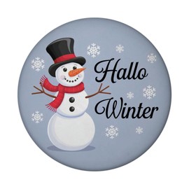 Merry Snowman - Hello Winter Magnet Round Light Blue Background Black Top Hat Red Scarf Carrot Nose