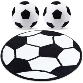 Nuanchu 3 Pcs Soccer Plush Pillows and Soccer Rug for Boys Room Decor Fluffy Soft Stuffed Sports Throw Pillows Round Carpet Area Rug for Bedroom Decor