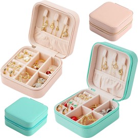 XOPOZON 2PCS Jewellery Box for Women, Mini Portable Jewelry Box Organiser, PU Leather Jewelry Storage Case Display Holder, Small Travel Jewellery Gift Box for Girls Women (Pink + Blue)