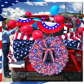 Knitgrip 4th of July Car Wreath Spare Tire Decoration Patriotic LED Spare Tire Cover DIY Kit Include 150ft Star Metallic Garland Patriotic Bow 80 LED String Lights for Truck SUV Independence Day Decor