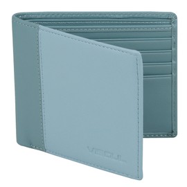 VISOUL Q07 Men's Genuine Leather Wallet with RFID Protection Large with Coin Compartment 8 Compartments Genuine Leather Wallet for Men Wallet Portmone, Grey blue and light blue, Casual