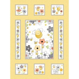 Sweet Bees Quilt Panel, Honey Bee And Flowers Cotton Fabric By World Of Susybee, 100% Cotton Fabric, Panel Size: 36”x44” Inches