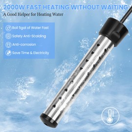 Immersion Water Heater, 2000W Portable Bucket Heater with 304 Stainless Steel Guard, Fast Heats Electric Water Heater with LCD Thermometer, Submersible Water Heater for Bathtub Pool
