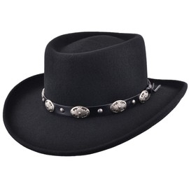 MAZ Crushable Wool Felt Gambler Cowboy Hat with Buckle Band - Black (Small - 55cm)