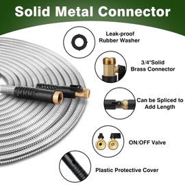 WHOBUY 75FT Metal Garden Hose 304 Stainless Steel Flexible Water Hose - No Kink & Tangle Heavy Duty Pipe with Nozzle, Durable 3/4 Brass Fittings and Valve - Rust Proof Puncture Proof for Yard Lawn