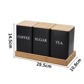 Tuzsocr 3 Pack Tea Sugar Coffee Canister Set with Bamboo Lids, Airtight Storage Canisters Food Storage Containers Pots Jars, Rust Resistant Powder Coated Iron Caddies,for Kitchen Food Storage (Black)
