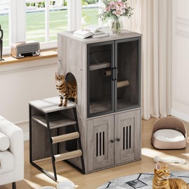 Cat Litter Box Enclosure for 2 Cats and Doors,Double Cat House with Storage Space,Enclosed Litter Box Furniture with Ladder, Grey