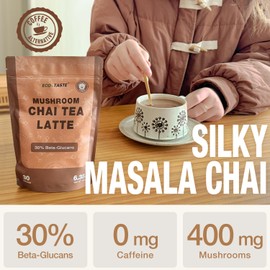 ECO-TASTE Chai Tea Latte with Mushrooms - 30 Servings, 30% Beta-Glucans - Lion's Mane, Reishi Spore, Turkey Tail Fruiting Body Extract for Relax & Energy Support, 6.35 oz