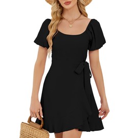 VIAURBE Womens Summer Dresses Round Neck Puff Sleeve Tie Waist Short Dress for Wedding Guest 2025 Black XL