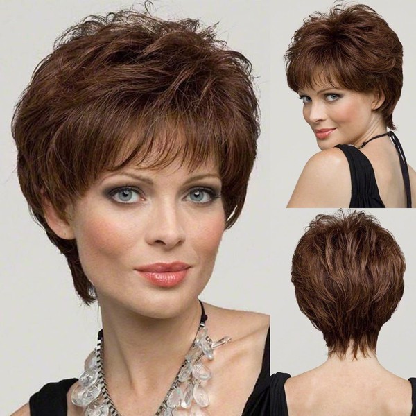 EMMOR Short Brown Human Hair Wigs for Women Blend with