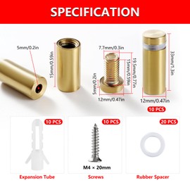 YIXISI 10 Pieces 12 x 30 mm Stainless Steel Advertising Screw, Glass Spacer, Wall Glass Standoff Holder, with Screws, for Sign Displays, Gold
