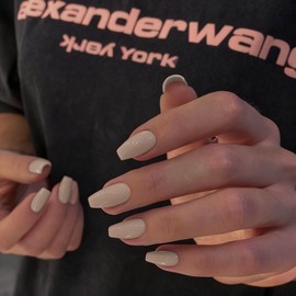 Khaki Press on Nails Medium Coffin Fake Nails Press ons, KXAMELIE Full Cover False Nails Tips Medium Length Glue on Nails Natural Thick Long Acrylic Nails 24Pcs Solid Color Coffin Nails for Women