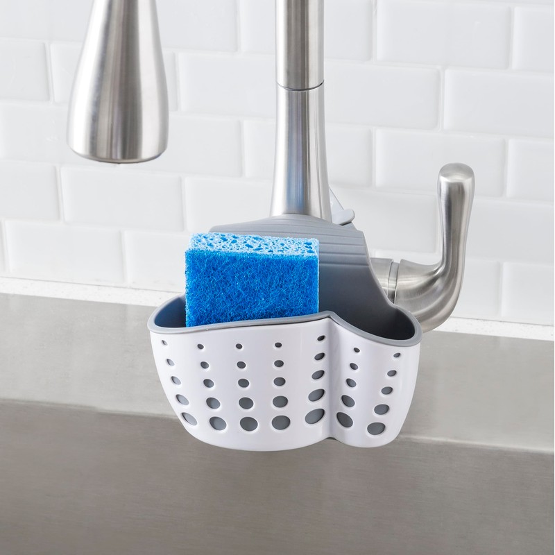 Home Basics Effective Draining Faucet Sponge Holder Sink Caddy, White/Grey