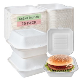 Compostable Square Hinged Clamshell Food Containers 6x6 - Heavy Duty Disposable to go Containers, Bagasse Fiber Biodegradable Containers with Lids for Takeout, Restaurants, Food Trucks (200)