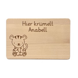 "Hier krümelt..." Brotzeit Board with Various Animal Motifs - Untreated Board with High-Quality Engraving (Tiger)
