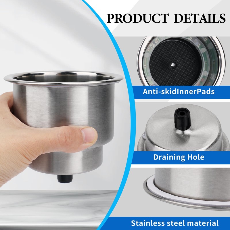 4Pcs Boat Cup Holders, Stainless Steel Blue LED Cup Holder