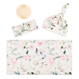 Giggle Angel Newborn Baby Girl Swaddle and Headband Beanie Set with a Name Card Floral Print Receiving Blanket (Ink Pink)