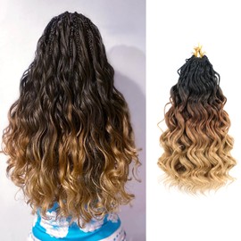 SVNMU Pre-Looped Ocean Wave Crochet Hair 12inch #1B3027 8 Packs Pre-Twisted French Curl Boho Braids Short Goddess Box Braids Curly Synthetic Braiding Hair Extensions for Women