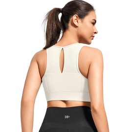Yvette Sports Bra, Strong Hold with Front Closure, Hollow-Out Racer Back, Padded Running Bra, Milk-white, M