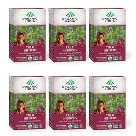 Organic India Tulsi Hibiscus Herbal Tea - Holy Basil, Stress Relieving & Gratifying, Immune Support, Adaptogen, Vegan, USDA Certified Organic, Non-GMO, Caffeine-Free - 18 Infusion Bags, 6 Pack