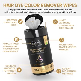Simply Wonderful Hair Color Remover Wipes for Face & Skin - 100 Count Plant-Based Cloth Towlettes, Non-Irritating Almond Oil Infused for Skin Protection, (Pack of 2)