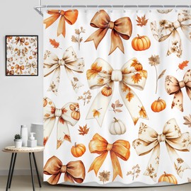 Ufeela Autumn Fall Bow Shower Curtain 60Wx72L Inch Girly Pumpkin Farmhouse Maple Leaves Brown Cute Bowknot Floral Thanksgiving Day Bathroom Set Coquette Bath Curtain Bathtub Accessories Home Decor