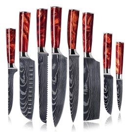 SENKEN 8-Piece Japanese Knife Set with Red Resin Handle and Laser Damascus Pattern - Crimson Collection - Chef's Knife, Cleaver, Santoku Knife, Bread Knife, Paring Knife, & More (Crimson Red)