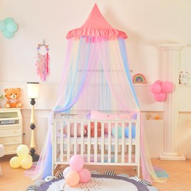 Kids Bed Canopy, Rainbow Mesh Canopy with Lace Dustproof Roof Princess Mosquito Net for Baby Crib Girls Bed Room Decor Playing Reading Nook (Pink)