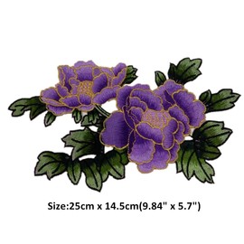 Zhiheng Peony Flowers with Dark Green Leaves Embroidered Appliques Sew Iron on Patches-Purple
