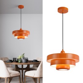 SUNLLOK Industrial 13.8 inch Pendant Light Fixture Chandelier, 1-Light Orange Ceiling Lamp with 3-Layer Metal Shade, Vintage Hanging Lamp for Kitchen Island, Restaurant, Dining Room, Height Adjustable