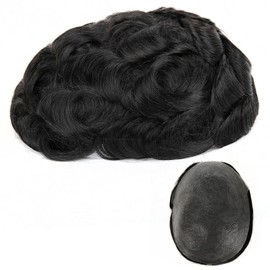 Topunique Mens 0.03mm Ultra-Thin Skin Base Toupee with 8x10 Inch Size and 6 Inch Hair Length featuring Full Knotless V-Looped and 100% Remy Human Hair System for Men in #1 Jet Black