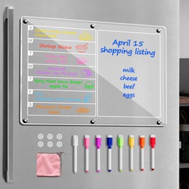Magnetic Acrylic Calendar for Fridge，Acrylic Calendar for Fridge with 8 Colorful Markers，Clear Dry Erase Boards for Events/Shopping Lists/Dinner (Weekly Planner)