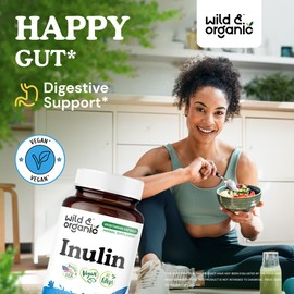 Wild & Organic Inulin Prebiotic Fiber Capsules 1400 mg - Digestive & Gut Support - Chicory Root Inulin Powder Supplement - Vegan, No Fillers, Non-GMO - 60 Count