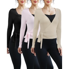 Simlakey 3 Pack Women Ballet Pilates Wrap Tops Y2K Workout Yoga Wrap Shirts Dance Long Sleeve Tie Front Crop Going Out Tops (Black, Beige, Pink,Small)