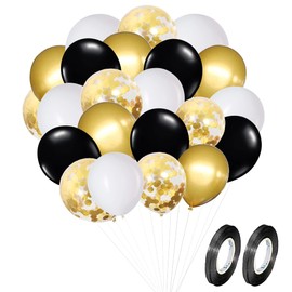 KIRIKOU 12 Inch 60 Pack Black Gold and White Confetti Balloons Garland Arch Kit Chrome Metallic Shinny Pastel Balloons with Ribbons for Wedding Baby Shower Graduation Birthday Party Decorations