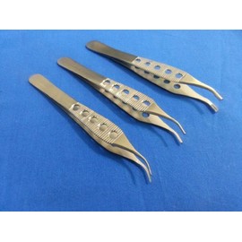 SET OF 3 PREMIUM HIGH GRADE ADSON DRESSING + ADSON TISSUE 1X2 TEETH + ADSON BROWN TISSUE 9X9 TEETH FORCEPS 4.75" CURVED ANGLED (HTI BRAND)