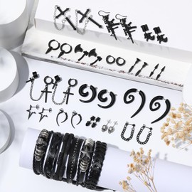 gisgfim 22 Pcs Punk Goth Grunge Jewelry Set for Men Women Leather Bracelets Stainless Steel Y2K Black Piercing Dangle Earrings Bulk Vintage Cool Emo Jewelry Sets Party Costume Accessories Gifts