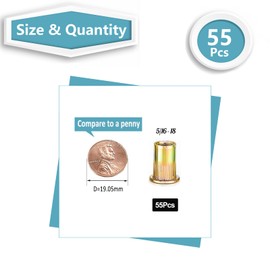 Kadrick 5/16"-18 Rivet Nuts（#6#8#10 1/4" 5/16" 3/8" Available）,55Pcs SAE Carbon Steel Flat Head Threaded Insert Nuts 5/16-18 UNC RIV Nuts