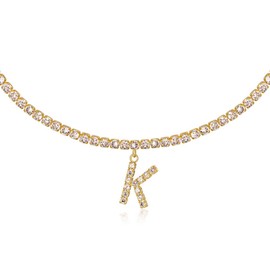 Sideways Initial K Necklace 18K Gold Plated Rhinestone Tennis Chain Letters Pendant Necklace Script Name Monogram Necklaces for Women