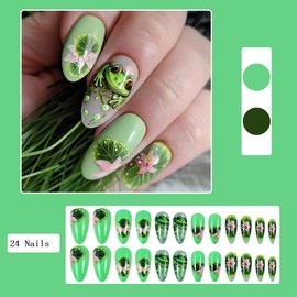 Cute Green Frog Design False Nails Long Almond Shaped 3D Fake Nail Lotus Flower Press on Nails 3D Press on Nails with Lotus Leaf Glue on Nails Artificial Nails for Women 24Pcs